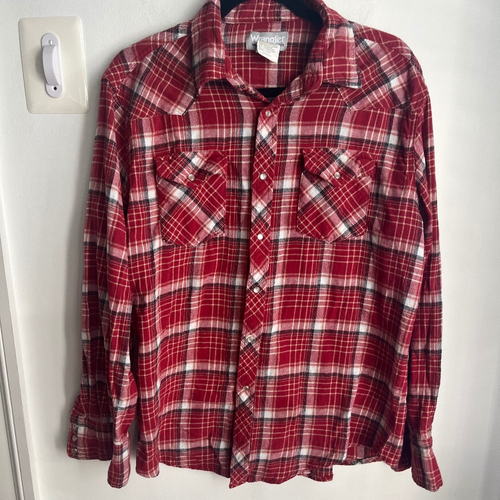 Wrangler 1990s Western Pearl Snap Shirt Mens Large Tall Red Plaid Long Sleeve